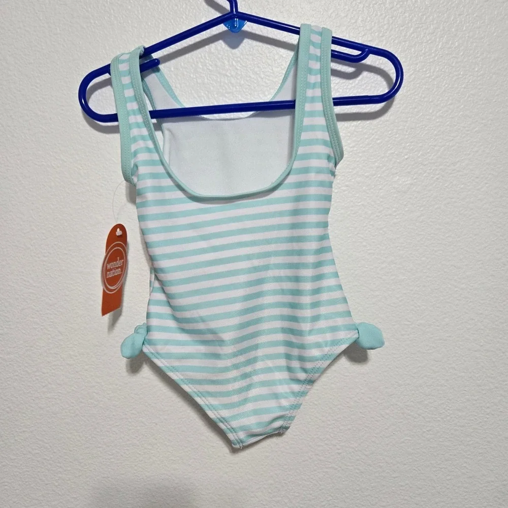 Wonder Nation Girls Swimsuit Aqua White Striped One Piece 2T UPF 50+ NWT‎